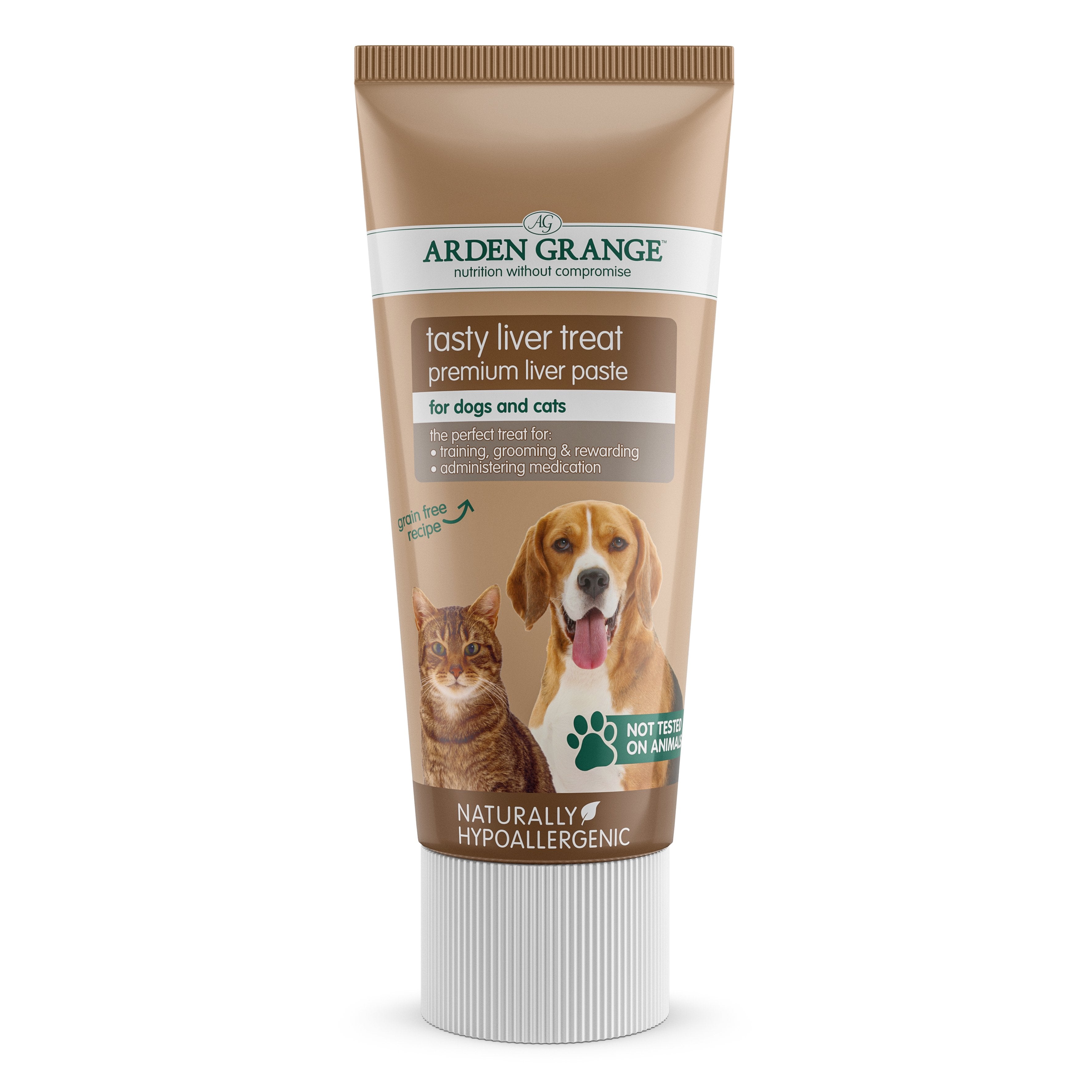 Arden Grand Liver Paste in a squeezy tube with images of a dog and cat on the front and a white cap 